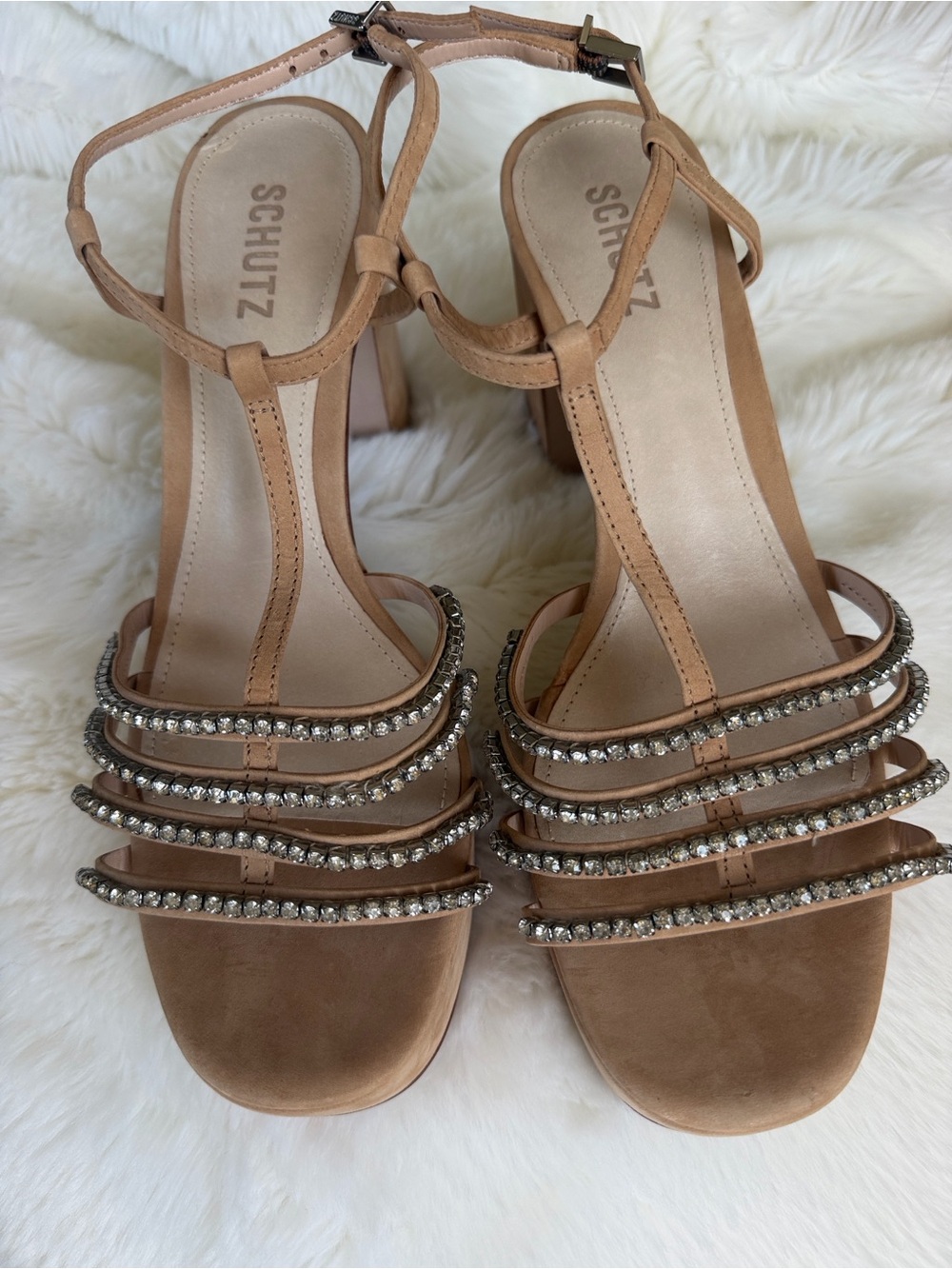 SCHUTZ Tan Strappy Block Heel Sandals with Crystal Straps